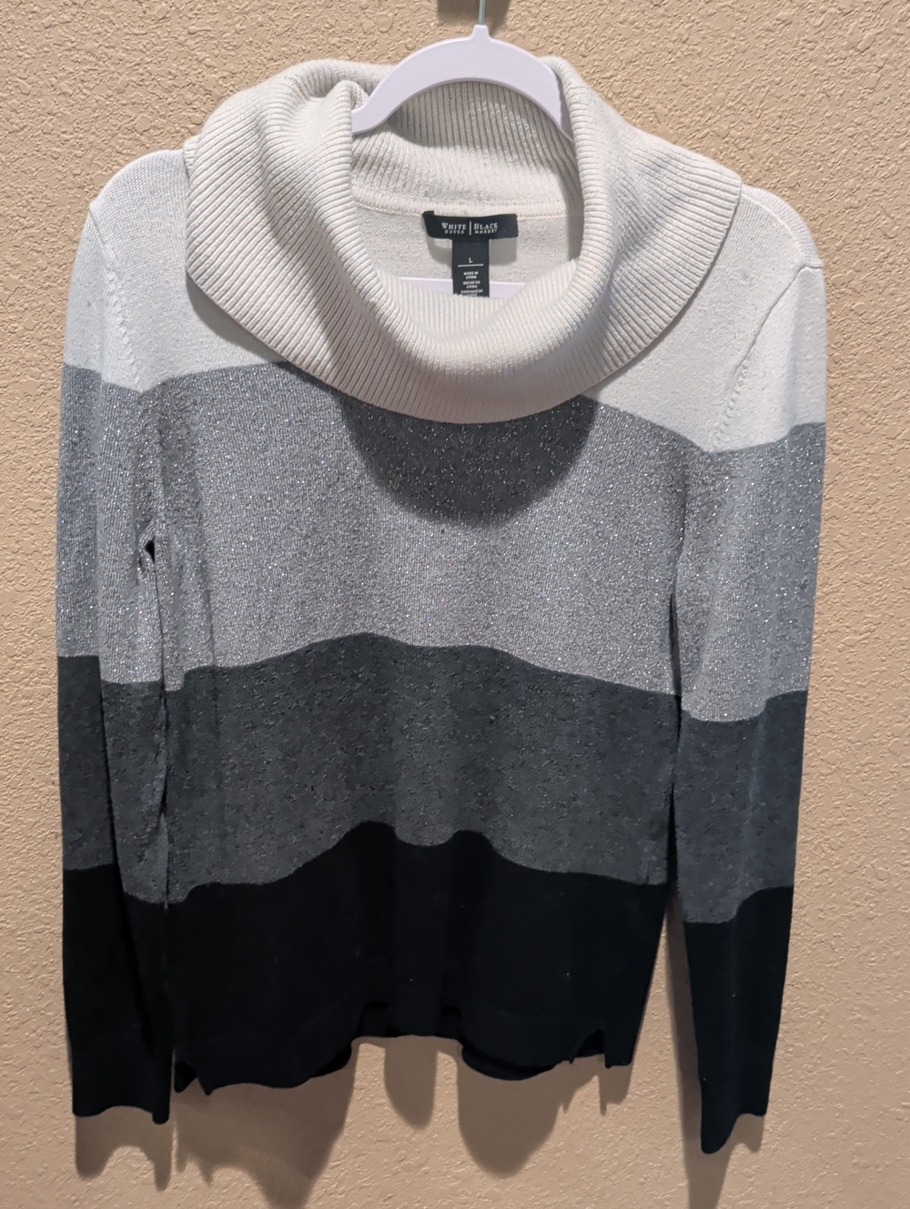 White House Black Market White, Gray & Black Striped Sparkle Cowl Sweater